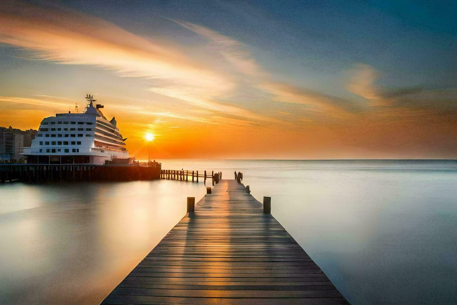 a long exposure photograph of a pier with a boat at sunset. AI-Generated photo