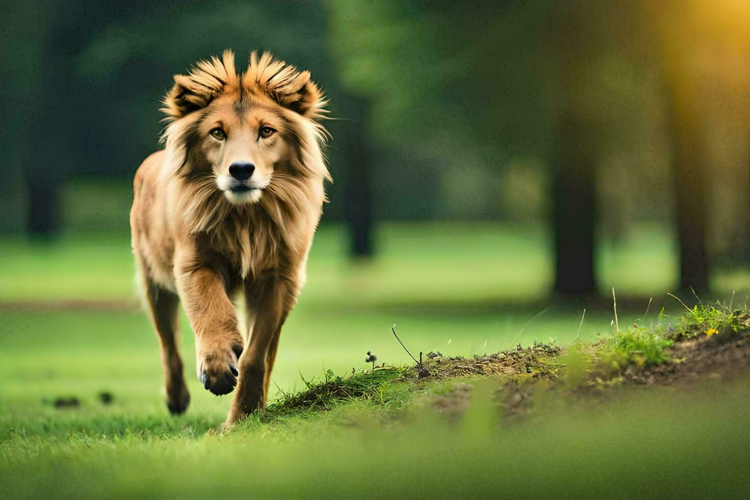 a lion running in the grass. AI-Generated photo