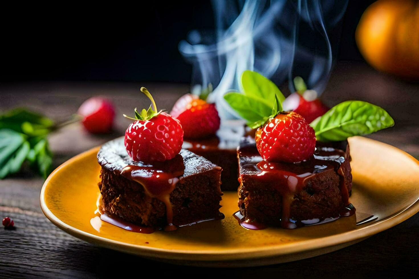 a piece of cake with strawberries and smoke on a plate. AI-Generated photo