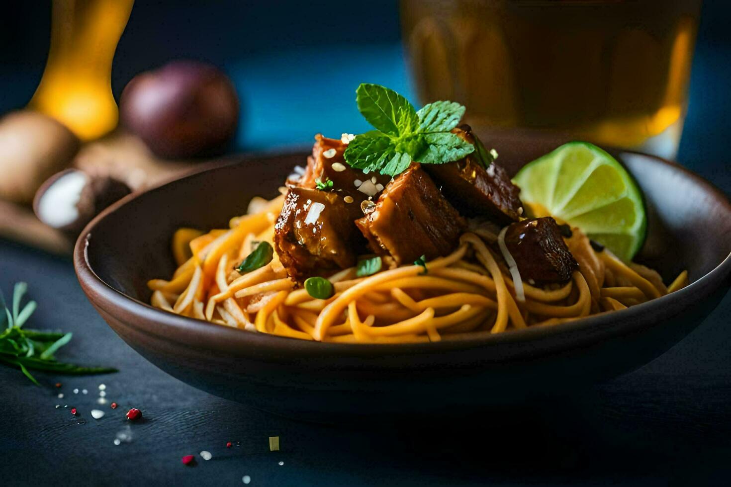 spaghetti with meat and vegetables in a bowl. AI-Generated photo