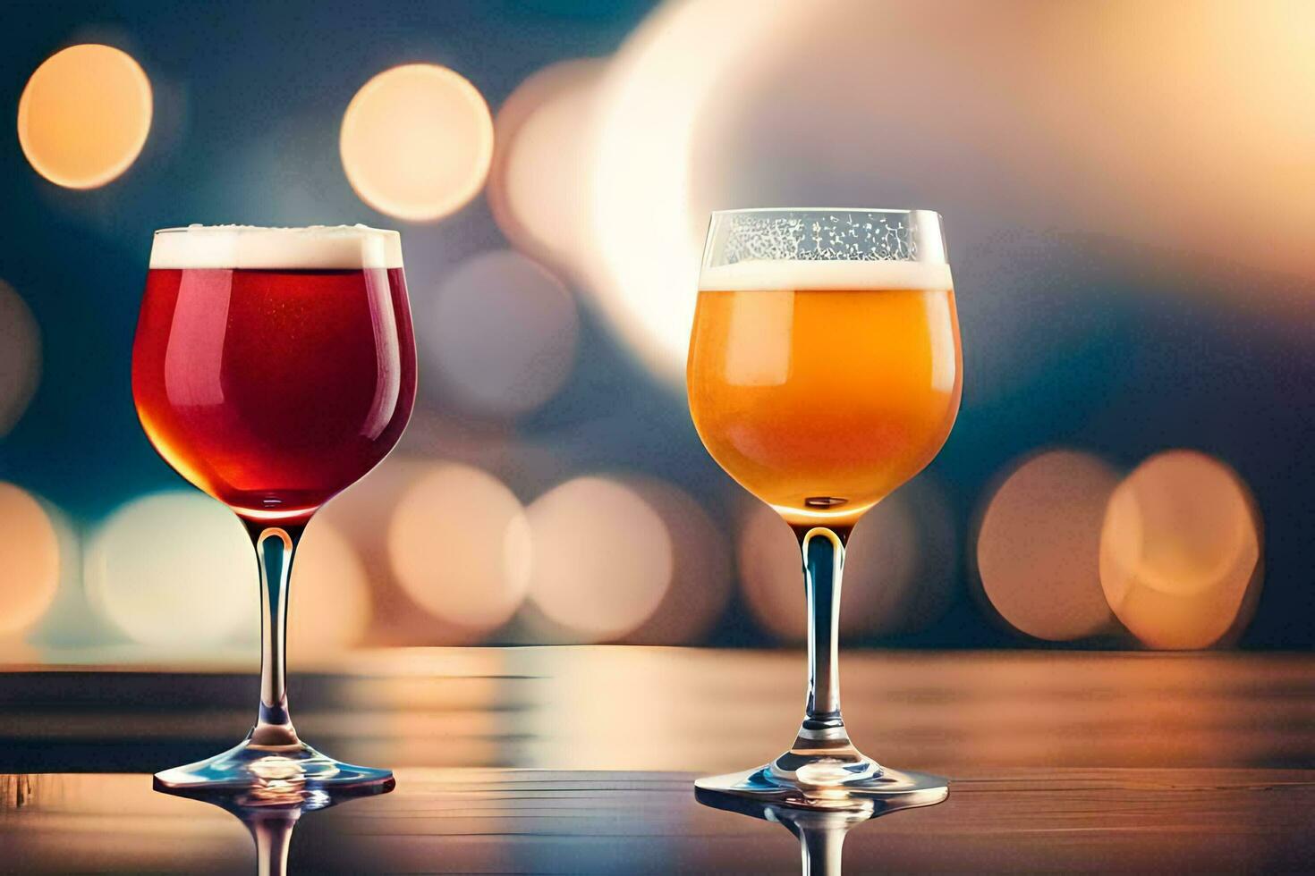 two glasses of beer on a table with a blurry background. AI-Generated photo