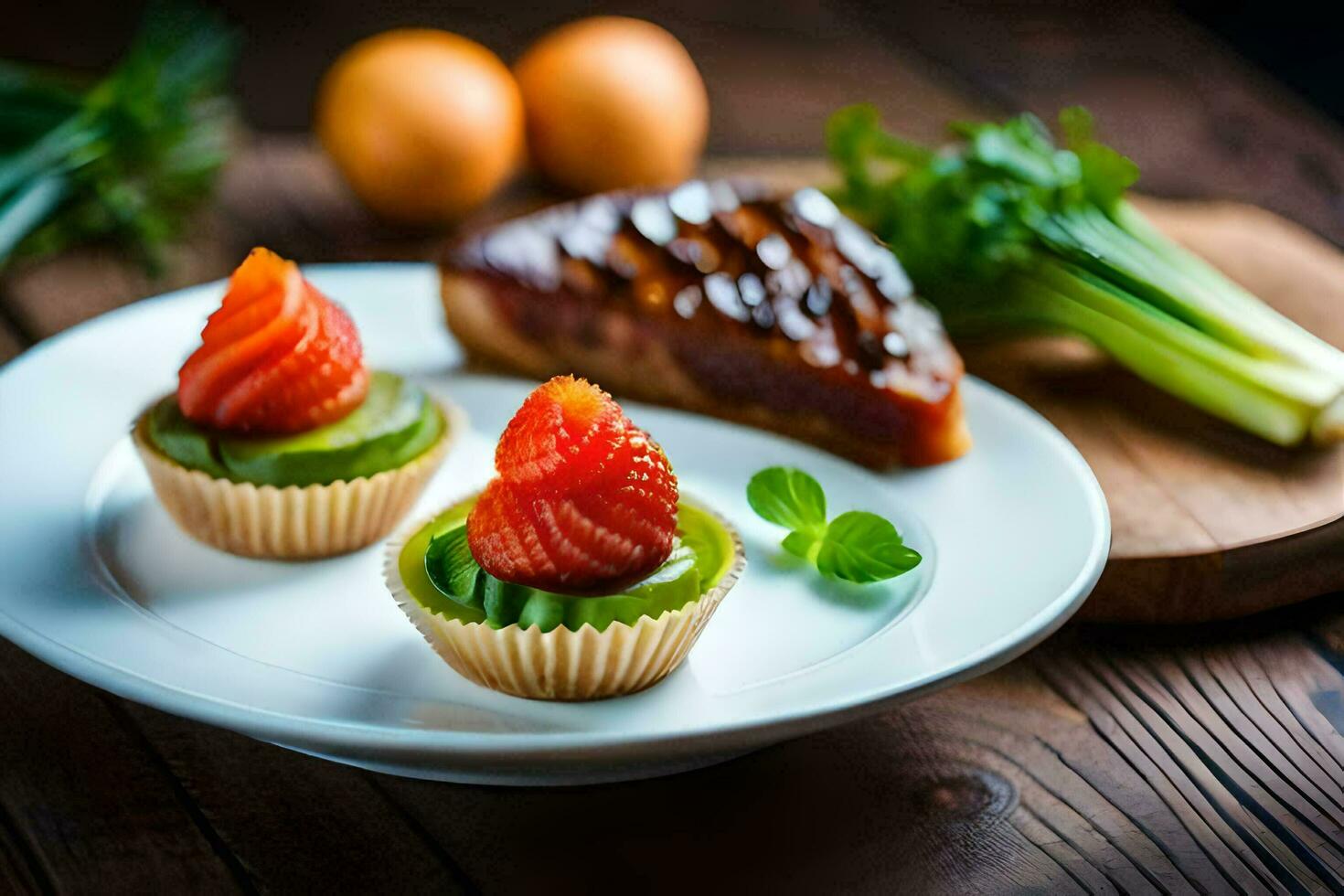 two small cupcakes with strawberries and kiwi on a plate. AI-Generated photo