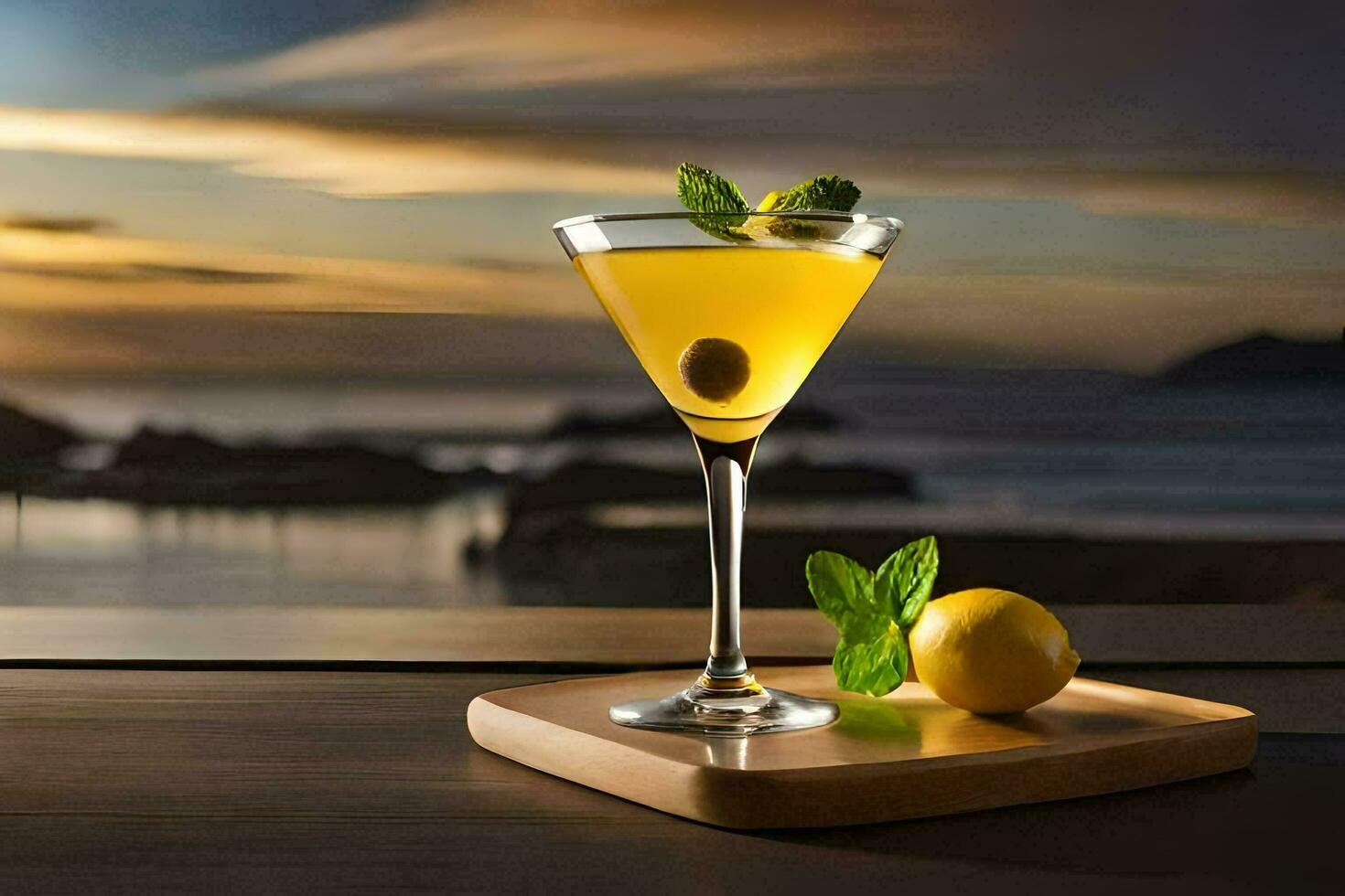 a cocktail with lemon and mint on a wooden tray. AI-Generated photo