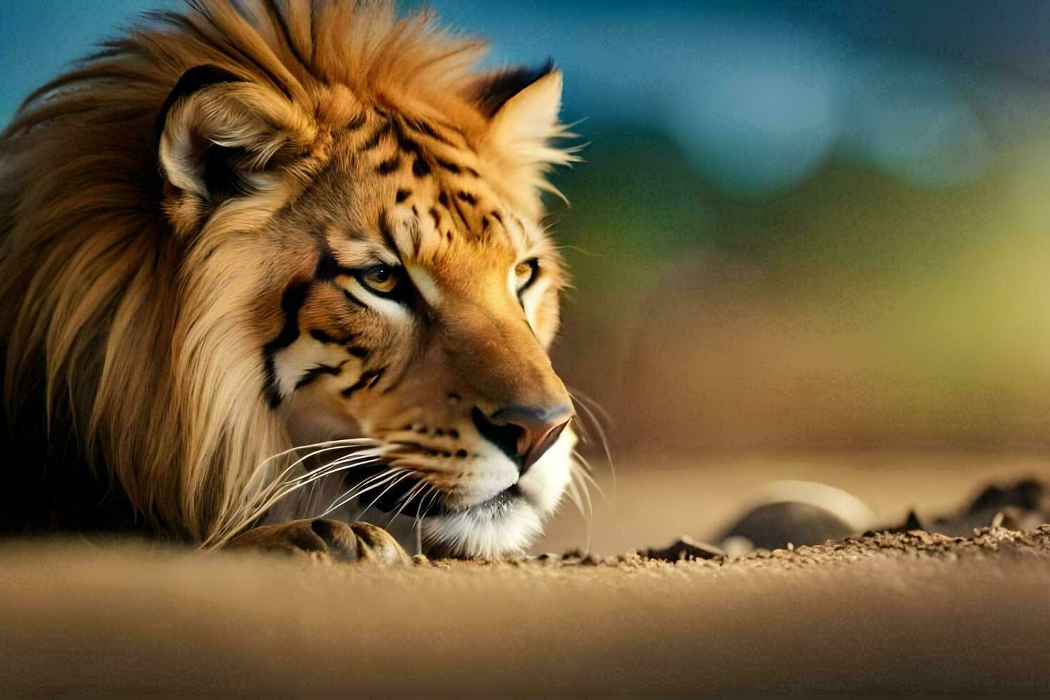 a lion is laying down in the sand. AI-Generated photo