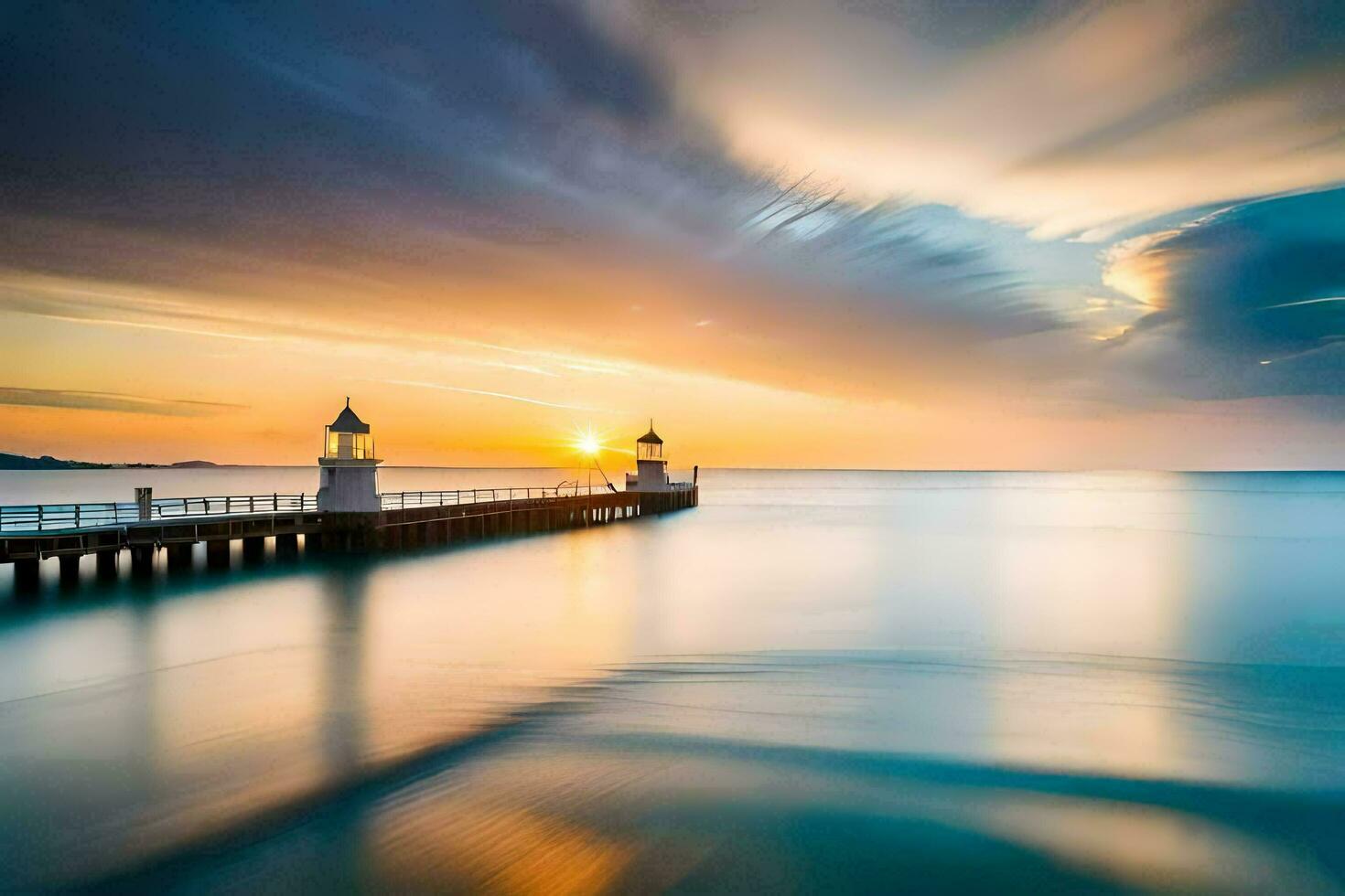 a long exposure photograph of a pier at sunset. AI-Generated photo