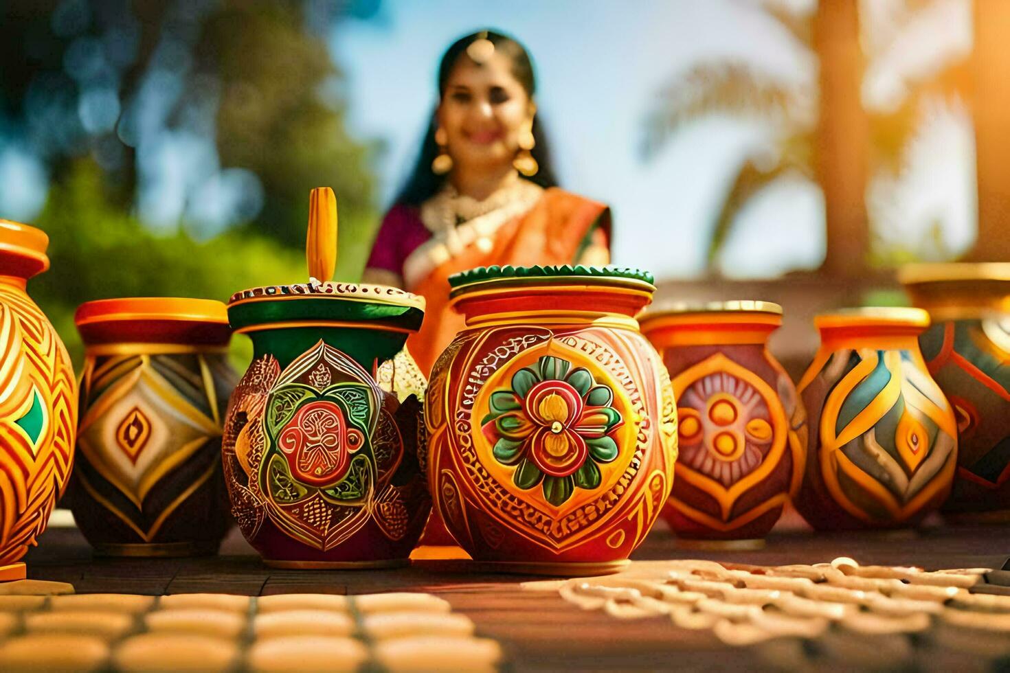 a woman in sari is standing next to colorful pots. AI-Generated photo