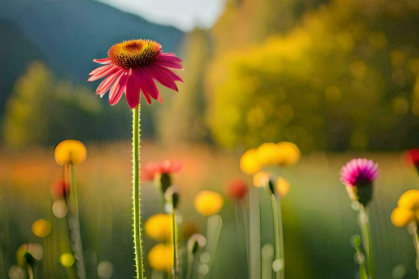 a pink flower stands out in the middle of a field. AI-Generated photo