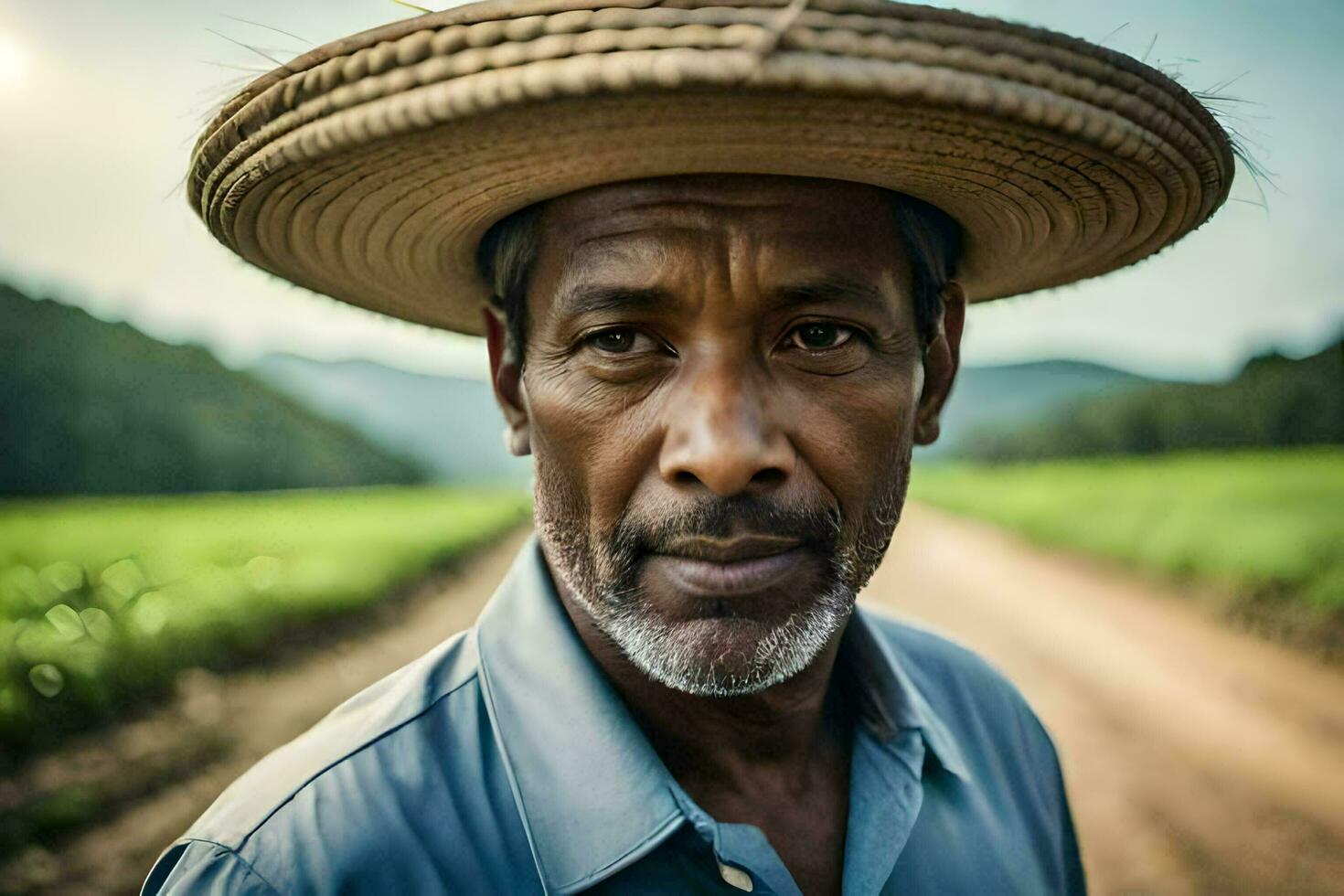 a man wearing a straw hat in a field. AI-Generated photo