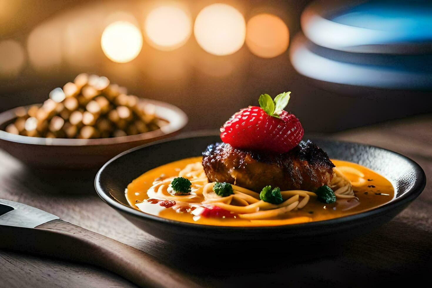 a plate of food with a strawberry on top. AI-Generated photo