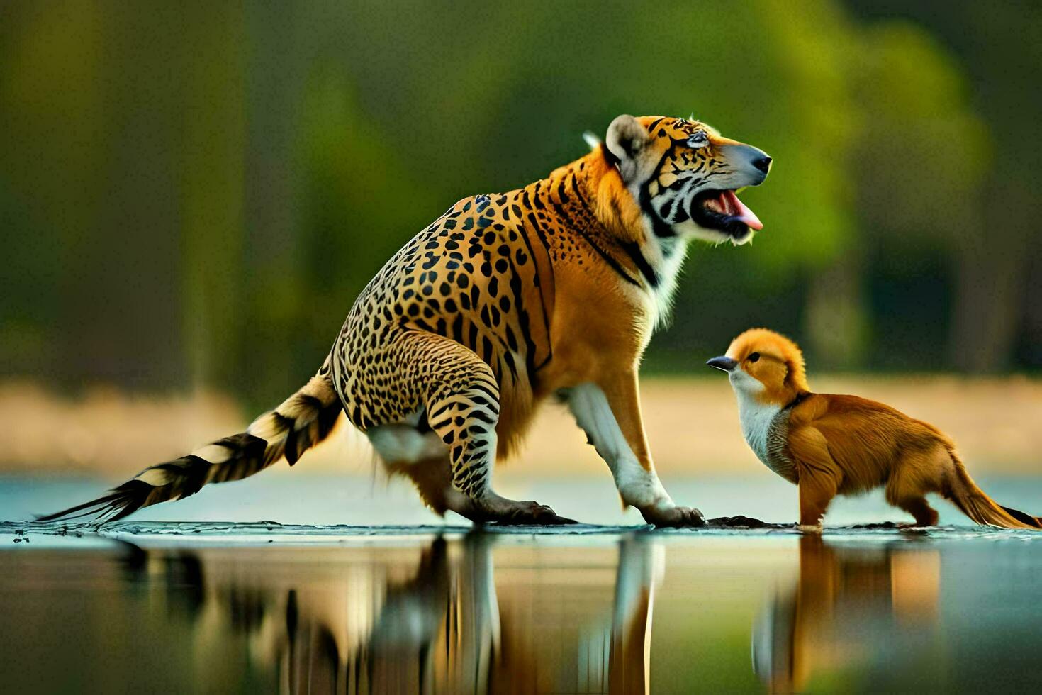 a tiger and a bird standing next to each other. AI-Generated photo