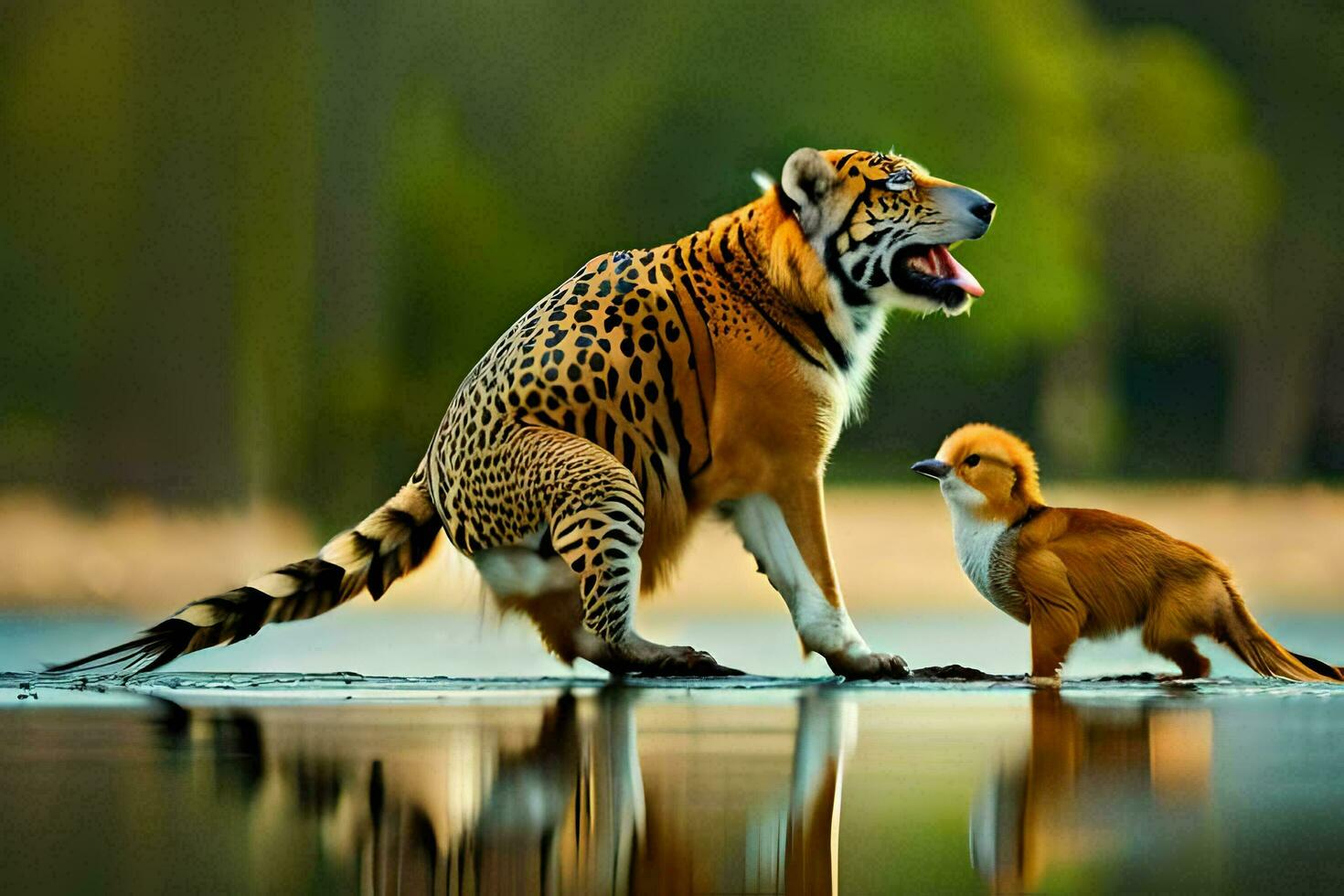 un Tigre y un pájaro en pie siguiente a cada otro. generado por ai foto