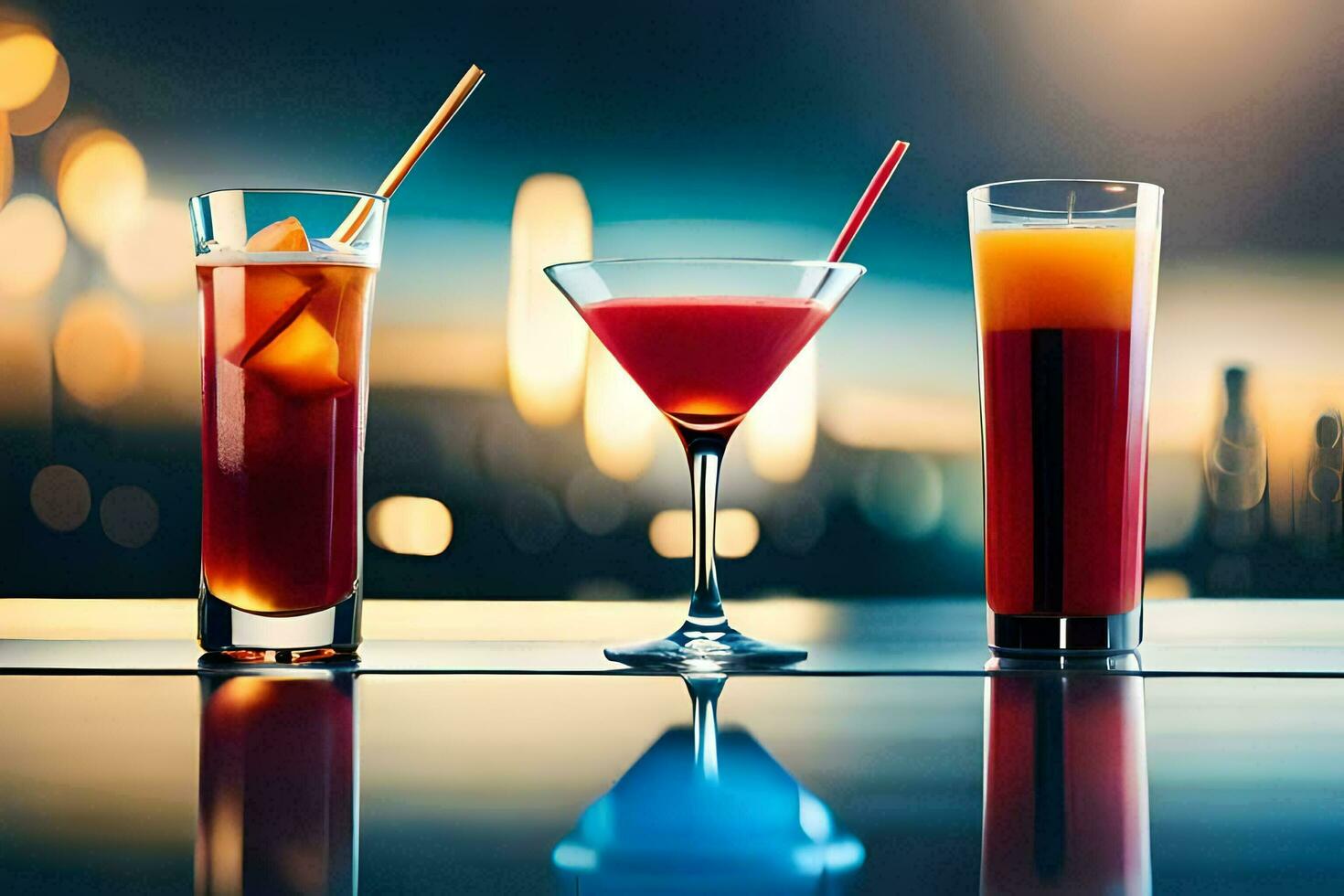 three different cocktails are sitting on a bar. AI-Generated photo