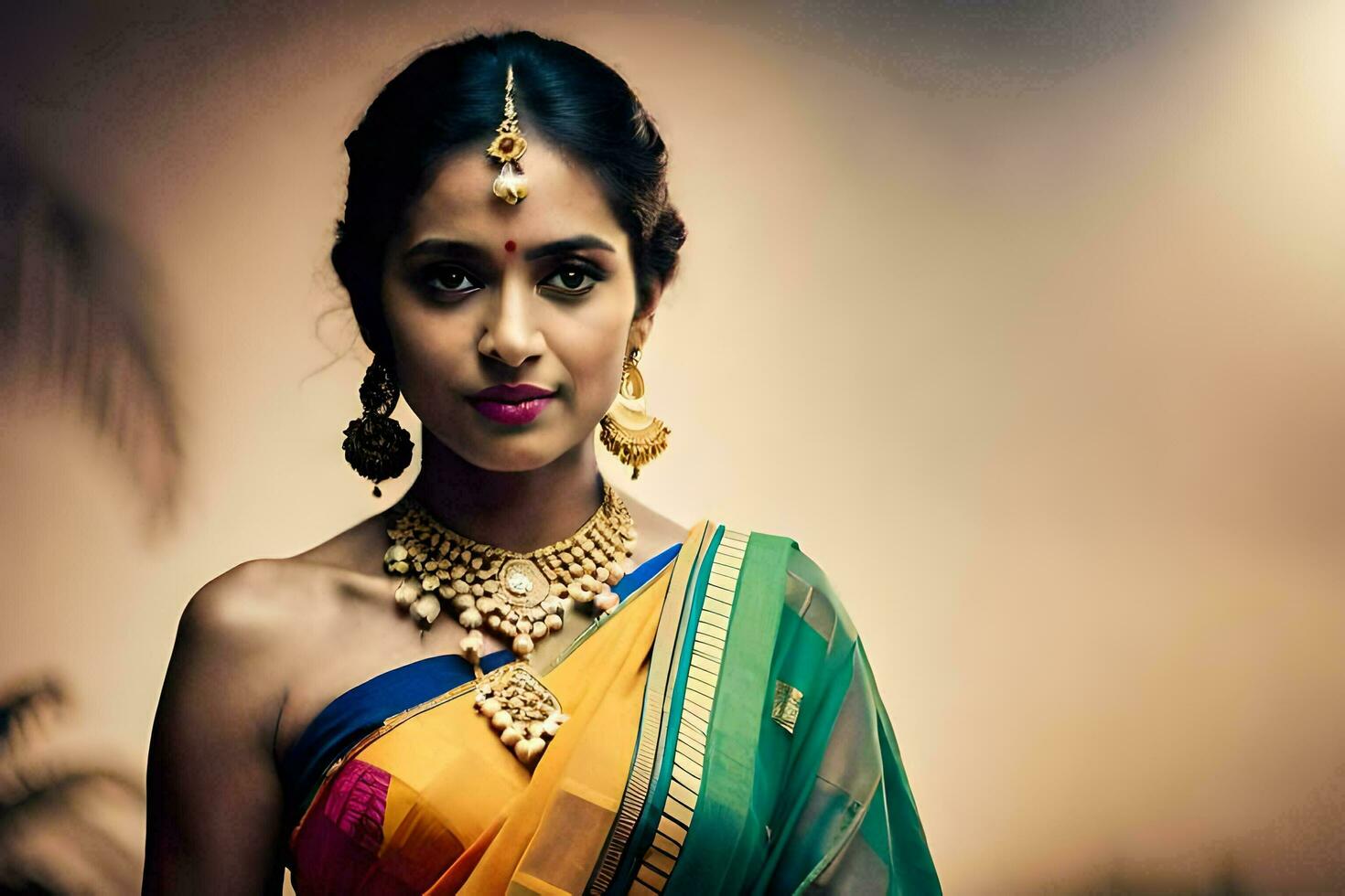 a beautiful indian woman wearing a colorful sari. AI-Generated photo