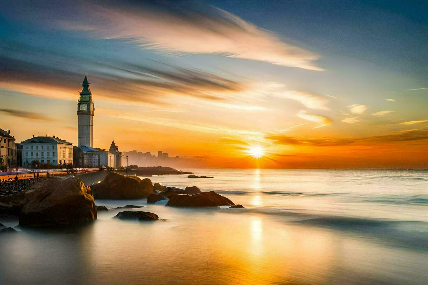 the sun rises over the ocean and a tower in the distance. AI-Generated photo