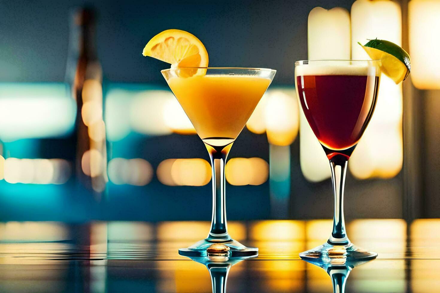 two glasses of cocktails on a bar counter. AI-Generated photo