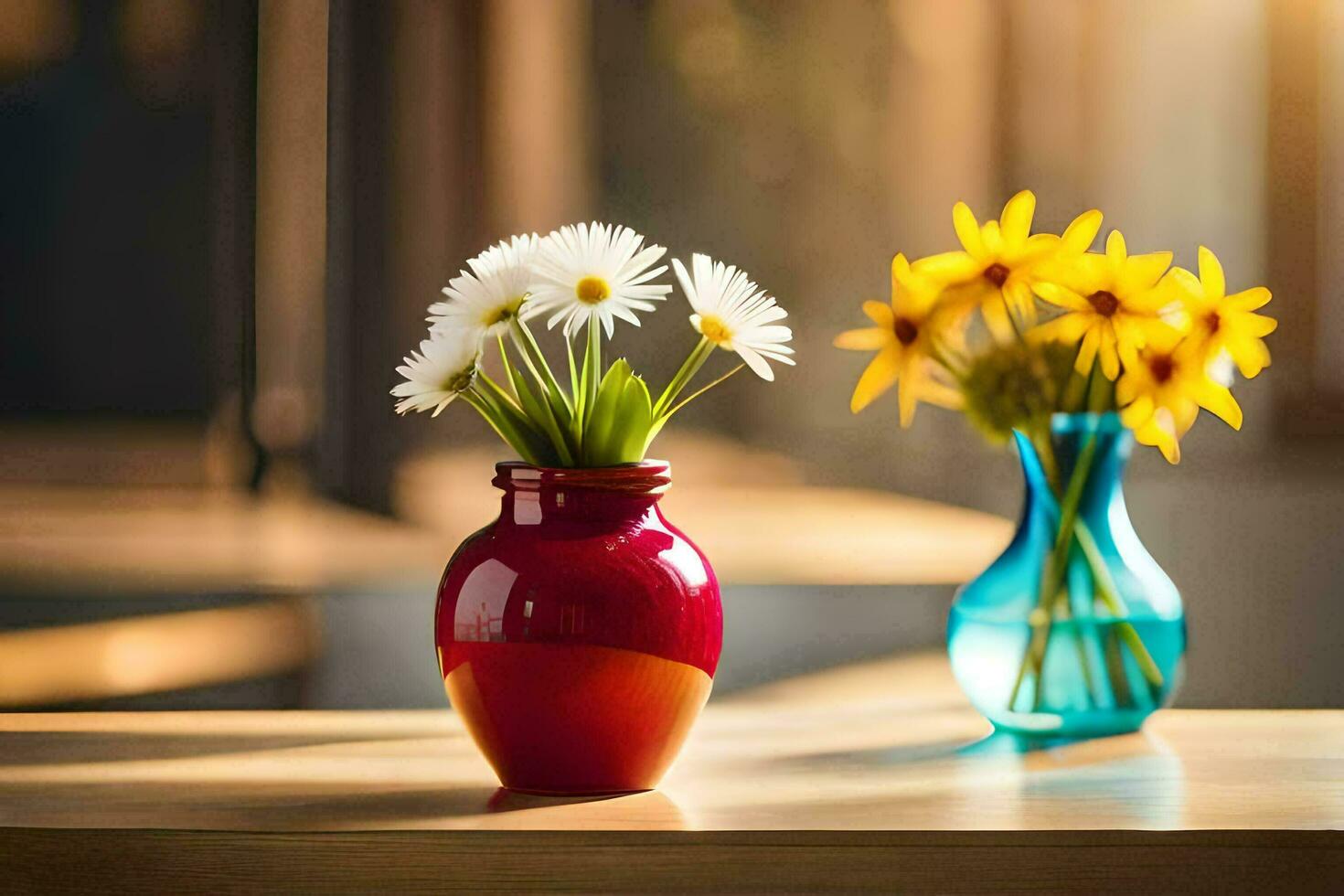 two vases with flowers on a table. AI-Generated photo