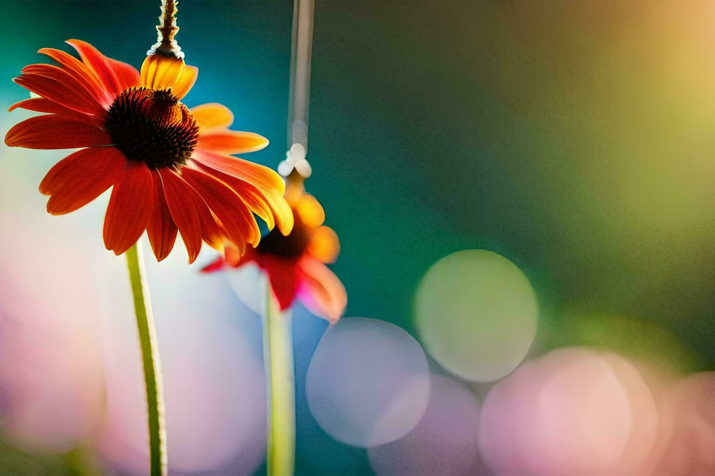 two red flowers are hanging from a string. AI-Generated photo