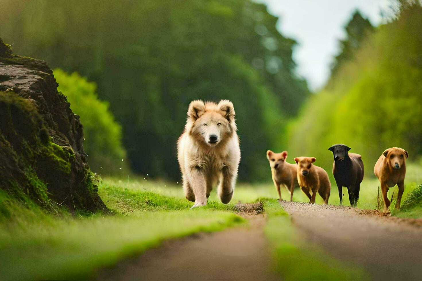 a group of dogs running down a dirt road. AI-Generated photo