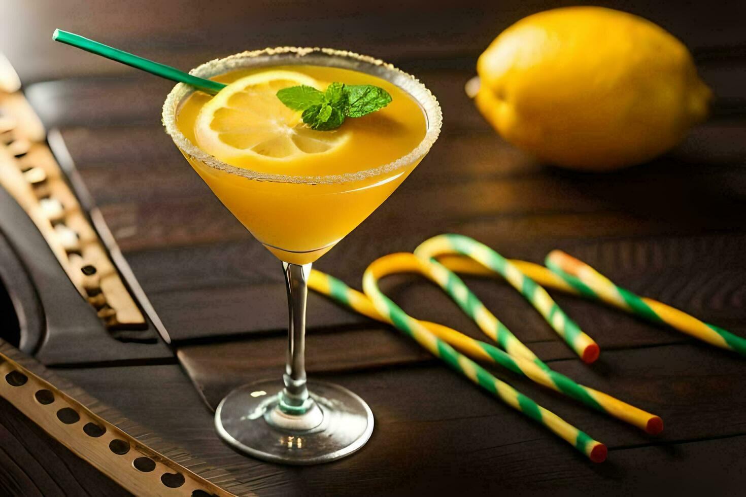 a cocktail with lemon and mint on a wooden table. AI-Generated photo