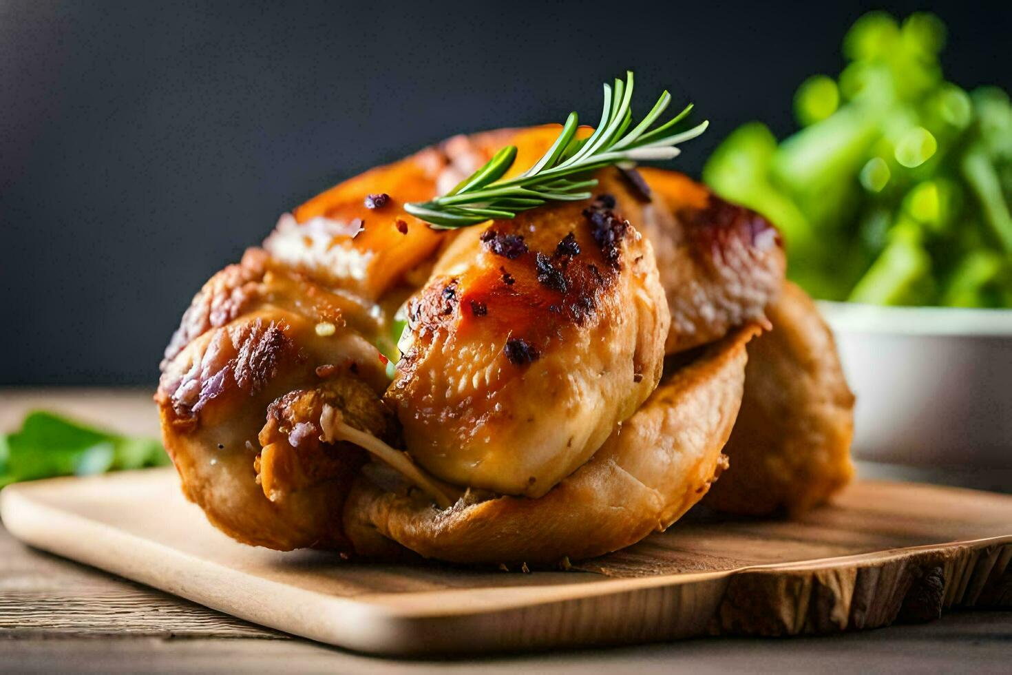 a chicken with rosemary and herbs on a wooden cutting board. AI-Generated photo
