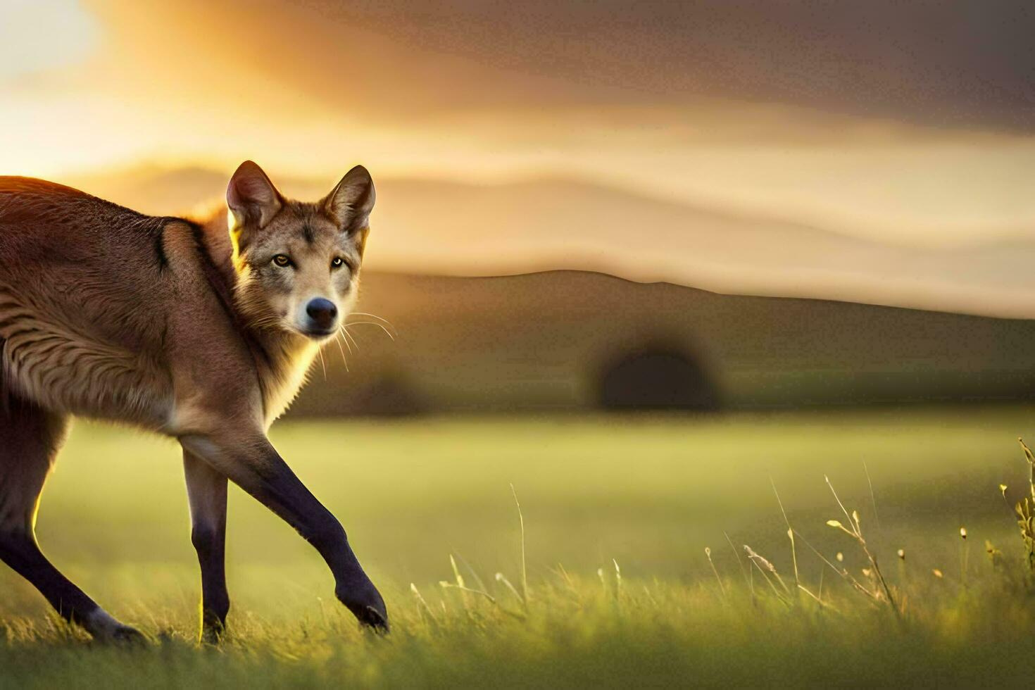 a kangaroo walking in the grass at sunset. AI-Generated photo