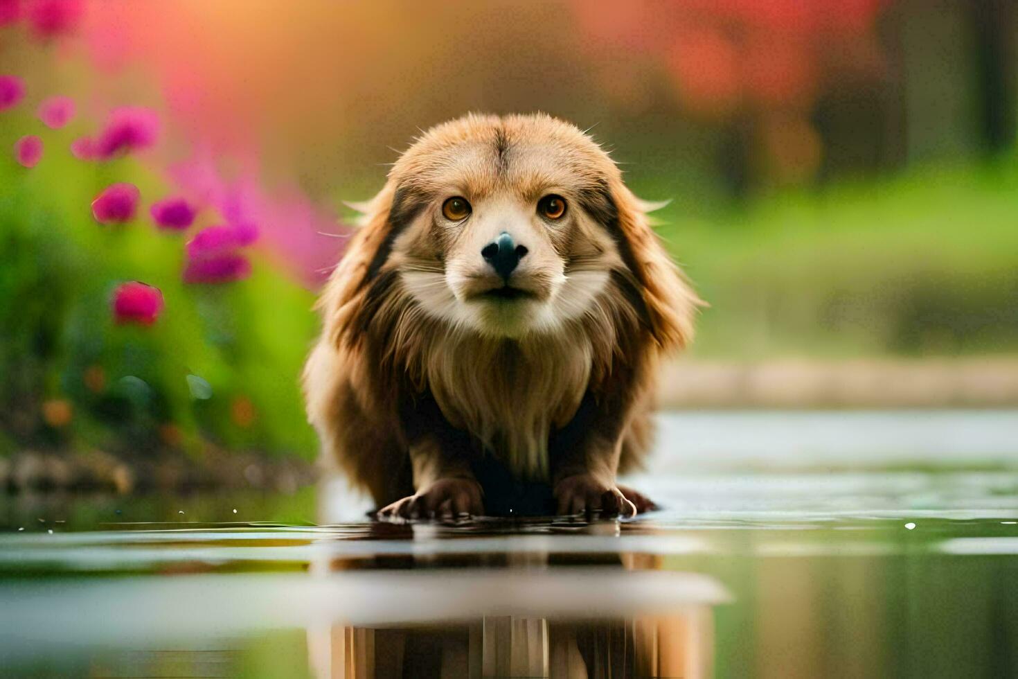 a dog is standing in the water with flowers. AI-Generated photo