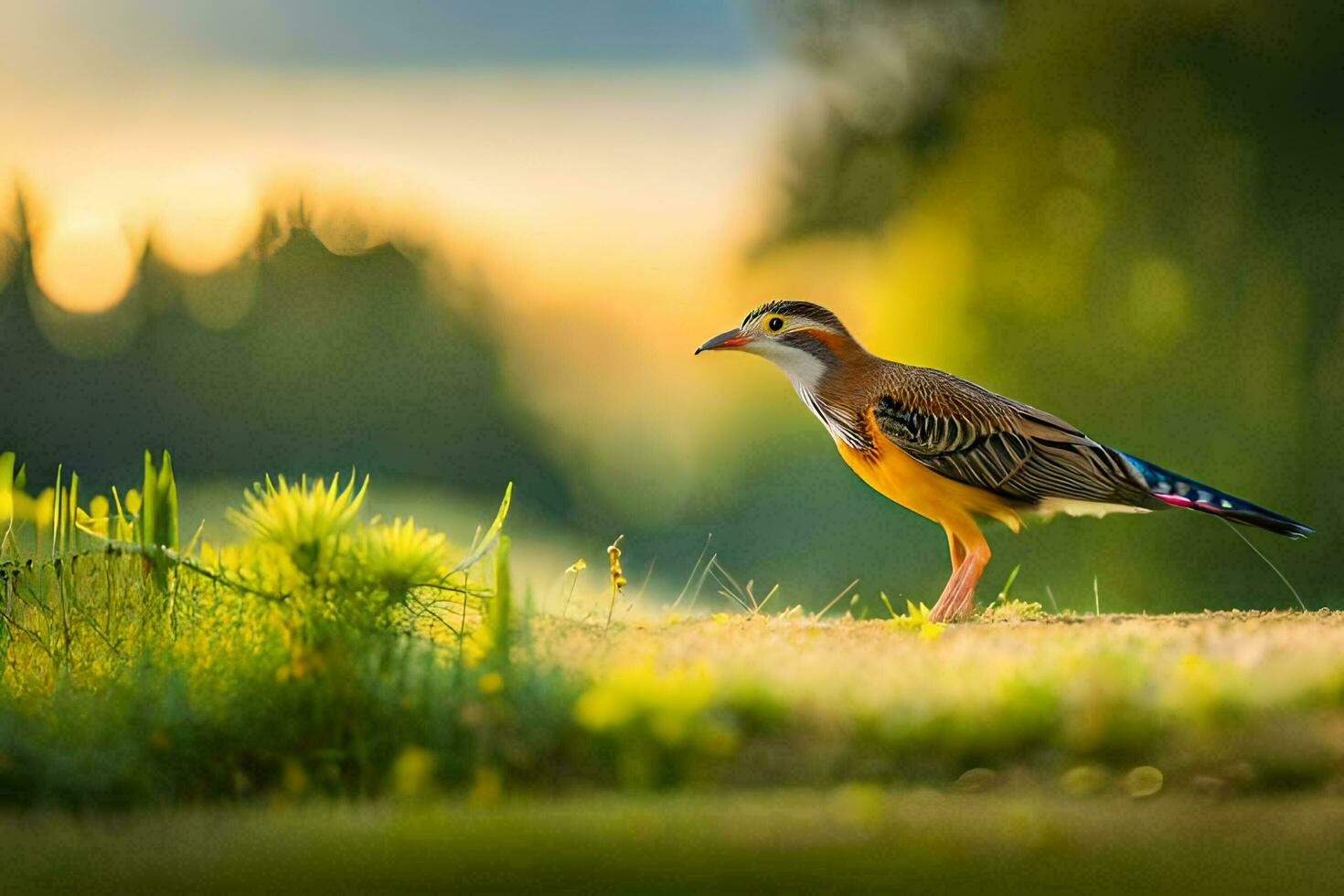 a bird is standing on the grass in front of a field. AI-Generated photo