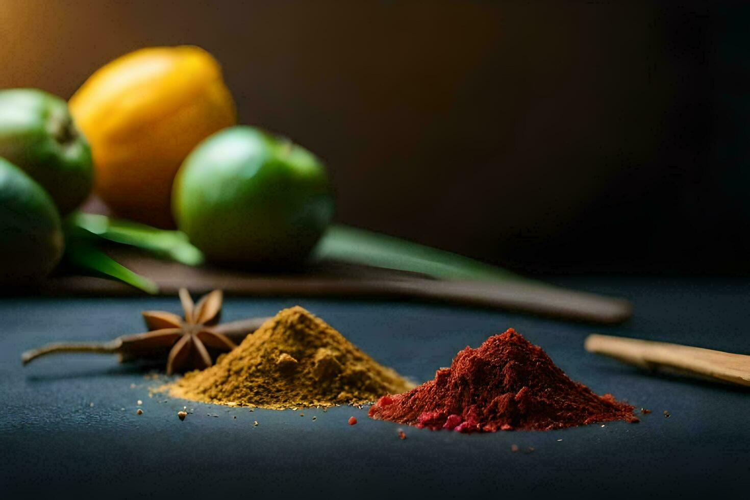 curry powder, spices and lemons on a dark table. AI-Generated photo