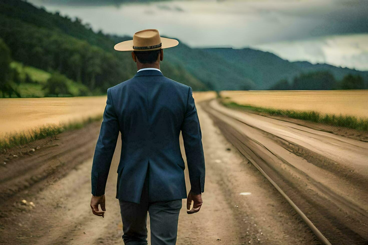 un hombre en un traje y sombrero camina abajo un suciedad la carretera. generado por ai foto