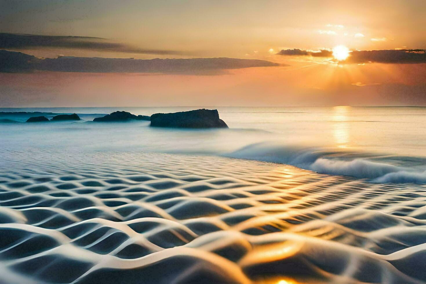 the sun sets over the ocean and waves. AI-Generated photo