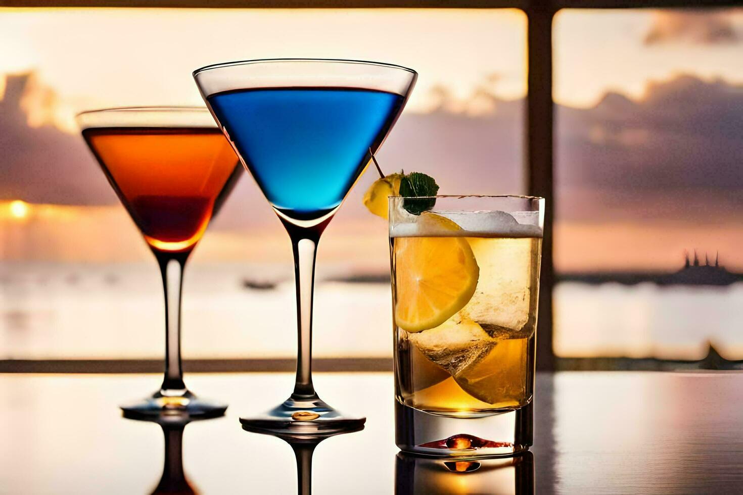 three different colored cocktails sit on a table. AI-Generated photo