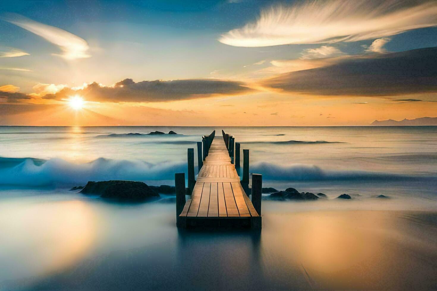 a wooden pier stretches out into the ocean at sunset. AI-Generated photo