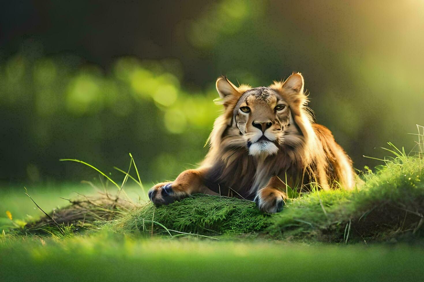 a lion is sitting on the grass in the sunlight. AI-Generated photo