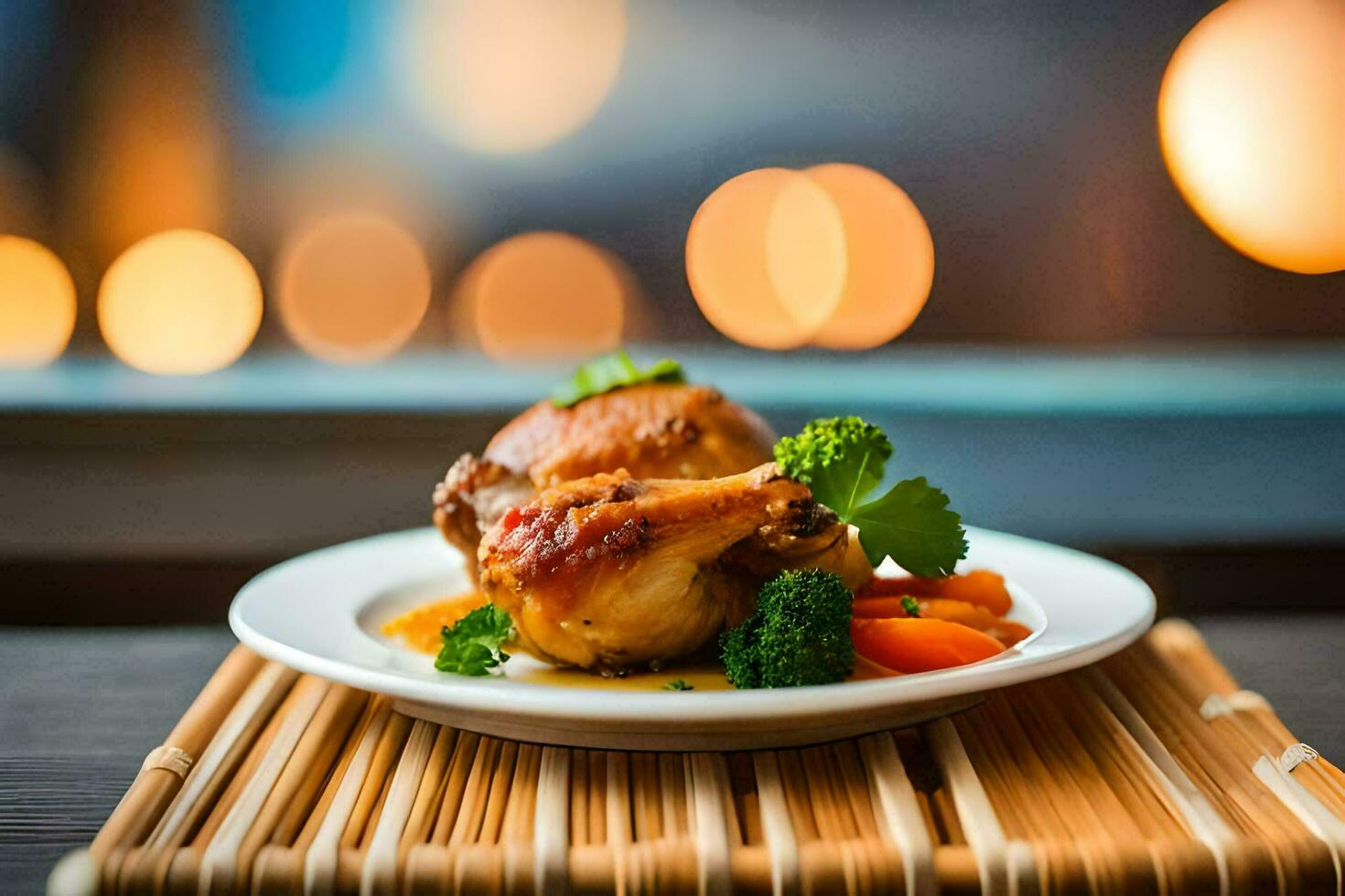 a plate of chicken and vegetables on a table. AI-Generated photo