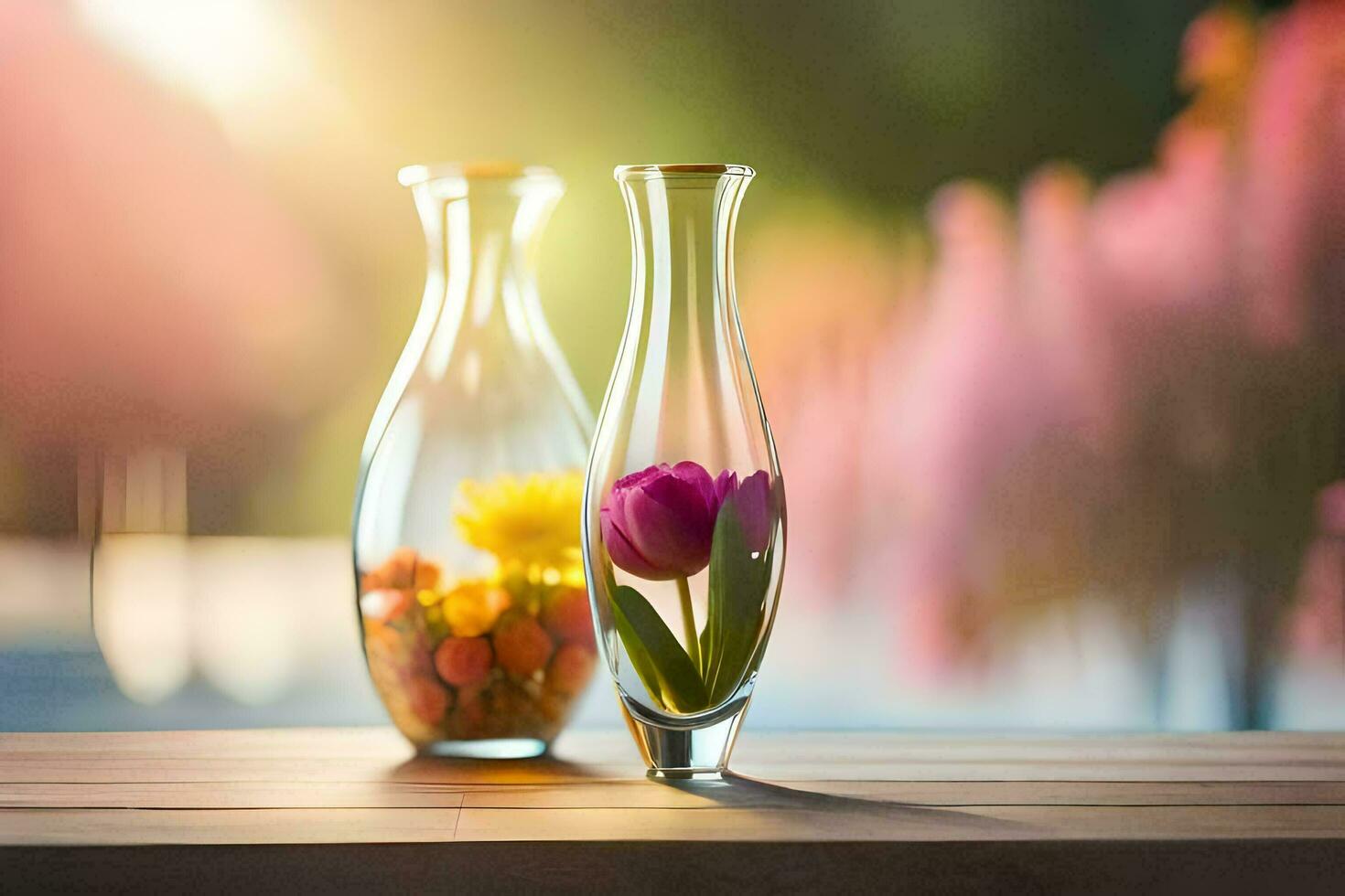 two vases with flowers in them on a table. AI-Generated photo