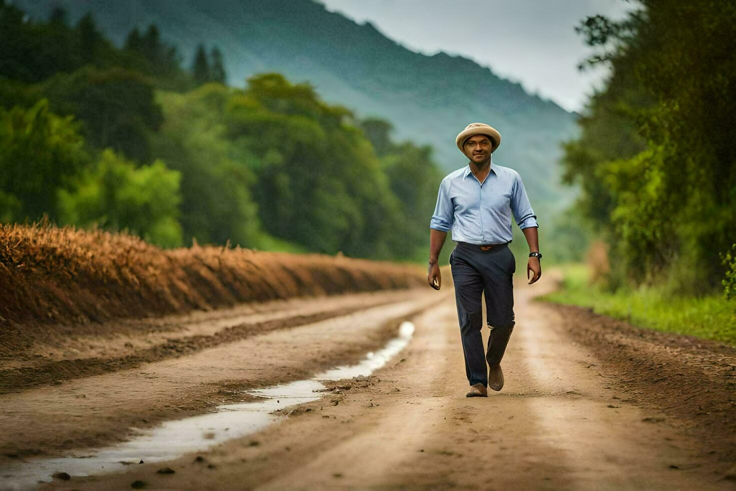 a man walking down a dirt road in the middle of a field. AI-Generated photo