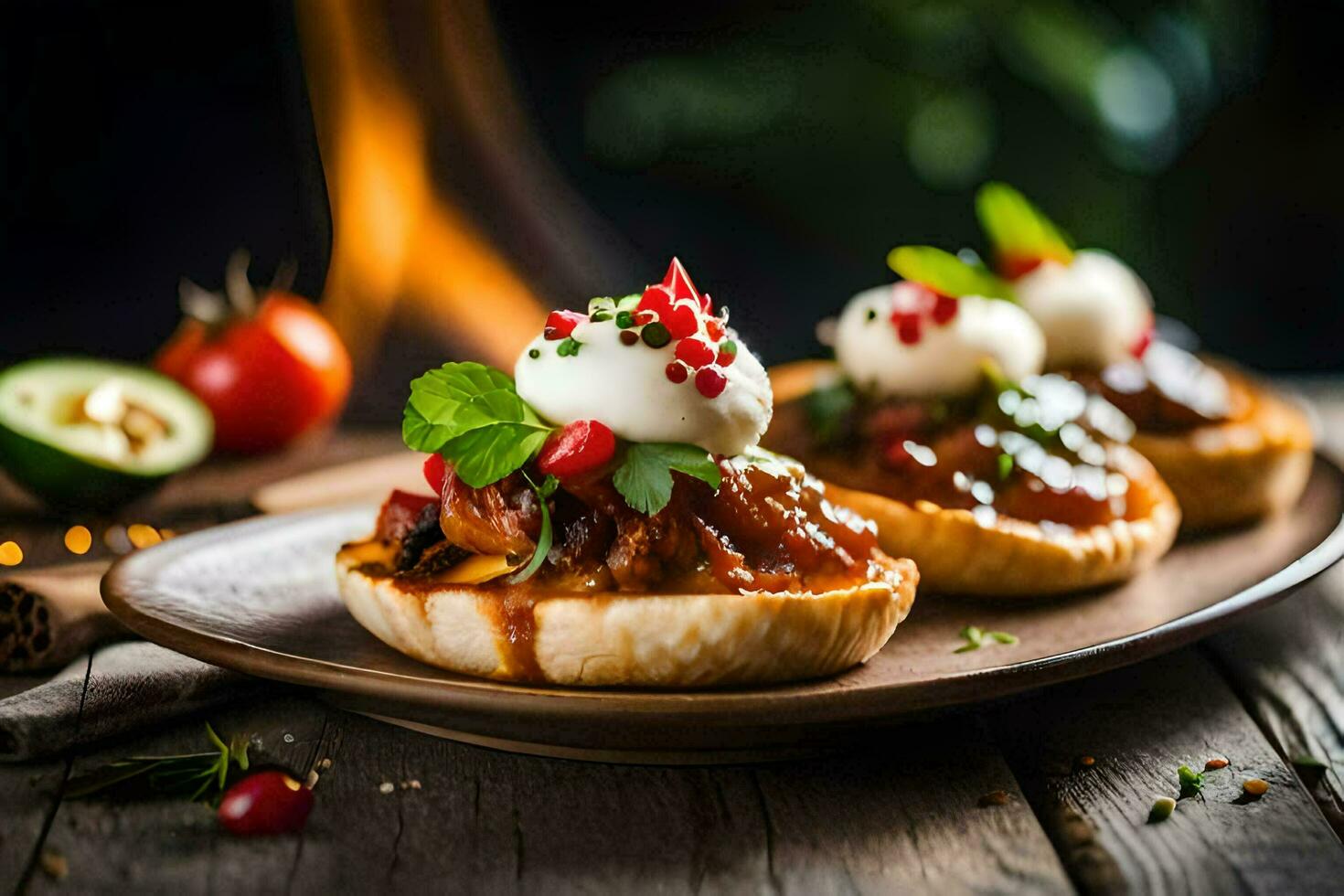 three mini pies with toppings on a wooden plate. AI-Generated photo
