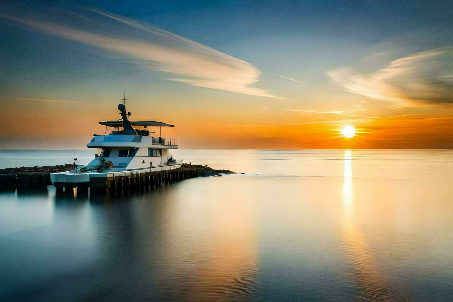 a boat docked at the end of a dock at sunset. AI-Generated photo