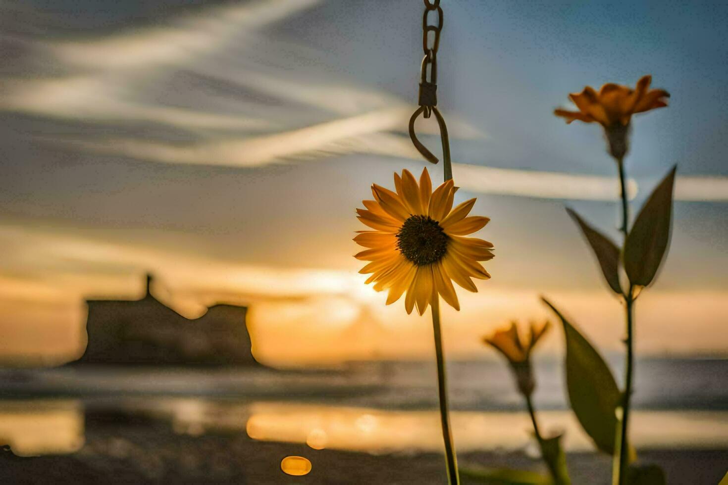 sunflowers on the beach at sunset. AI-Generated photo