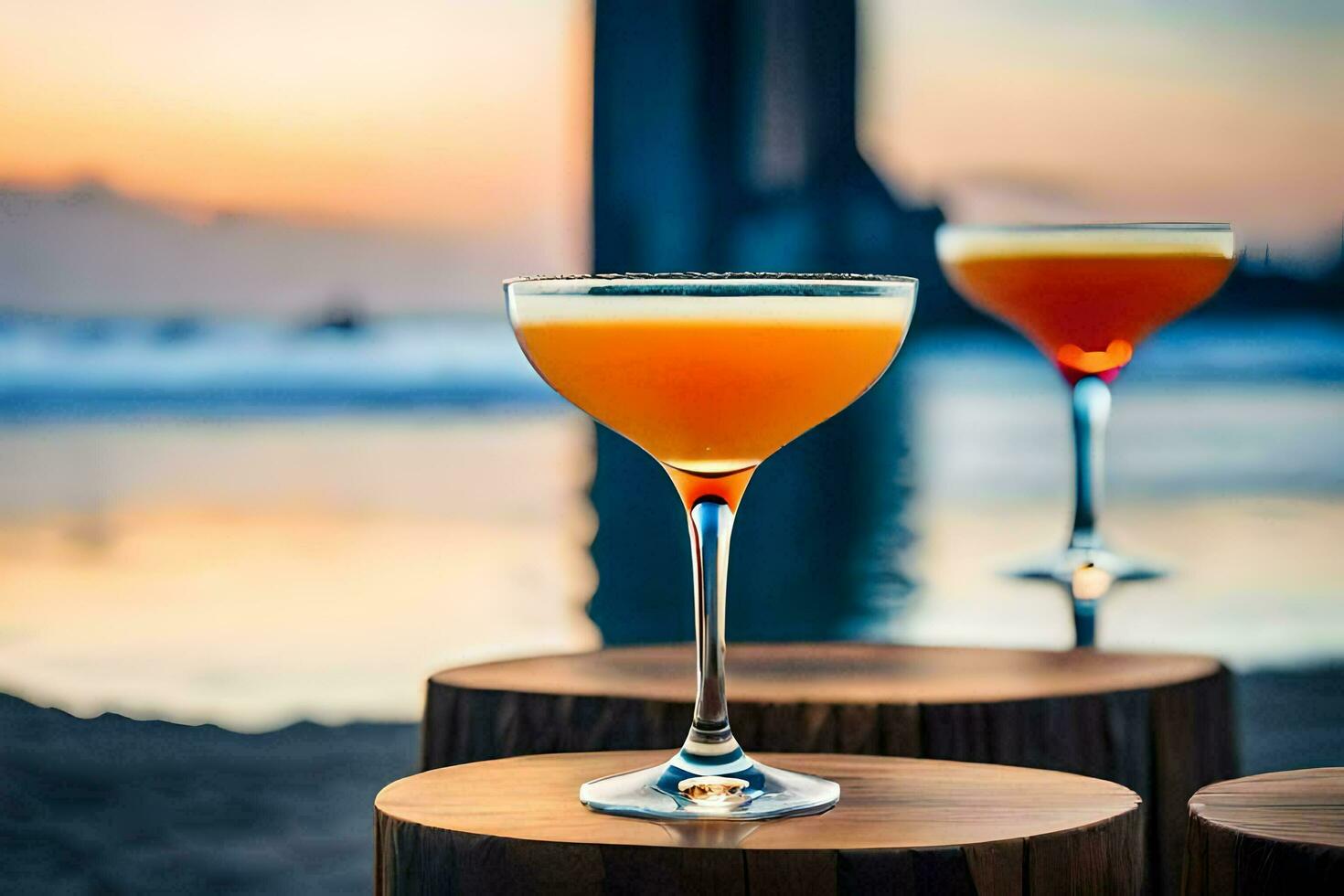 two cocktails sit on top of wooden stumps at sunset. AI-Generated photo