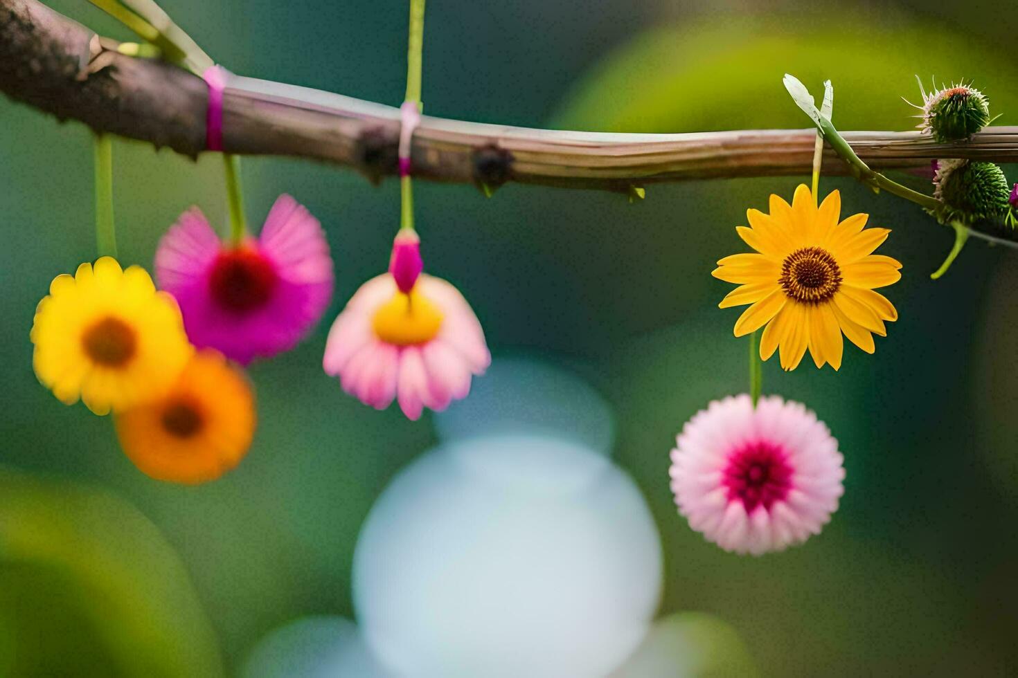 colorful flowers hanging from a branch. AI-Generated photo