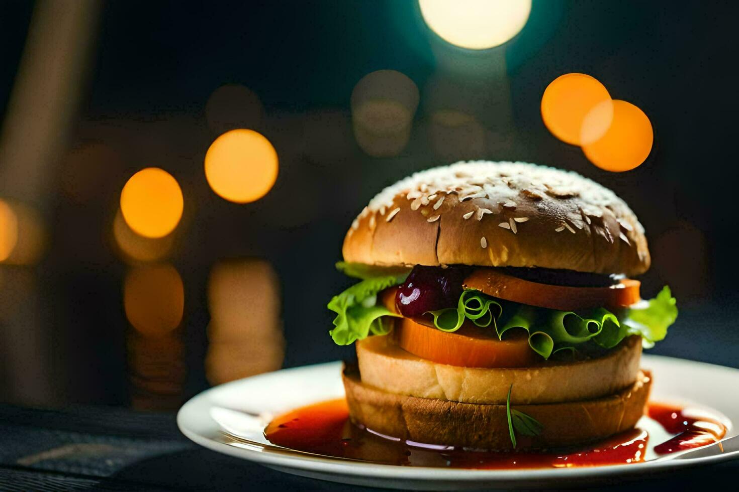 a hamburger with sauce and cheese on a plate. AI-Generated photo