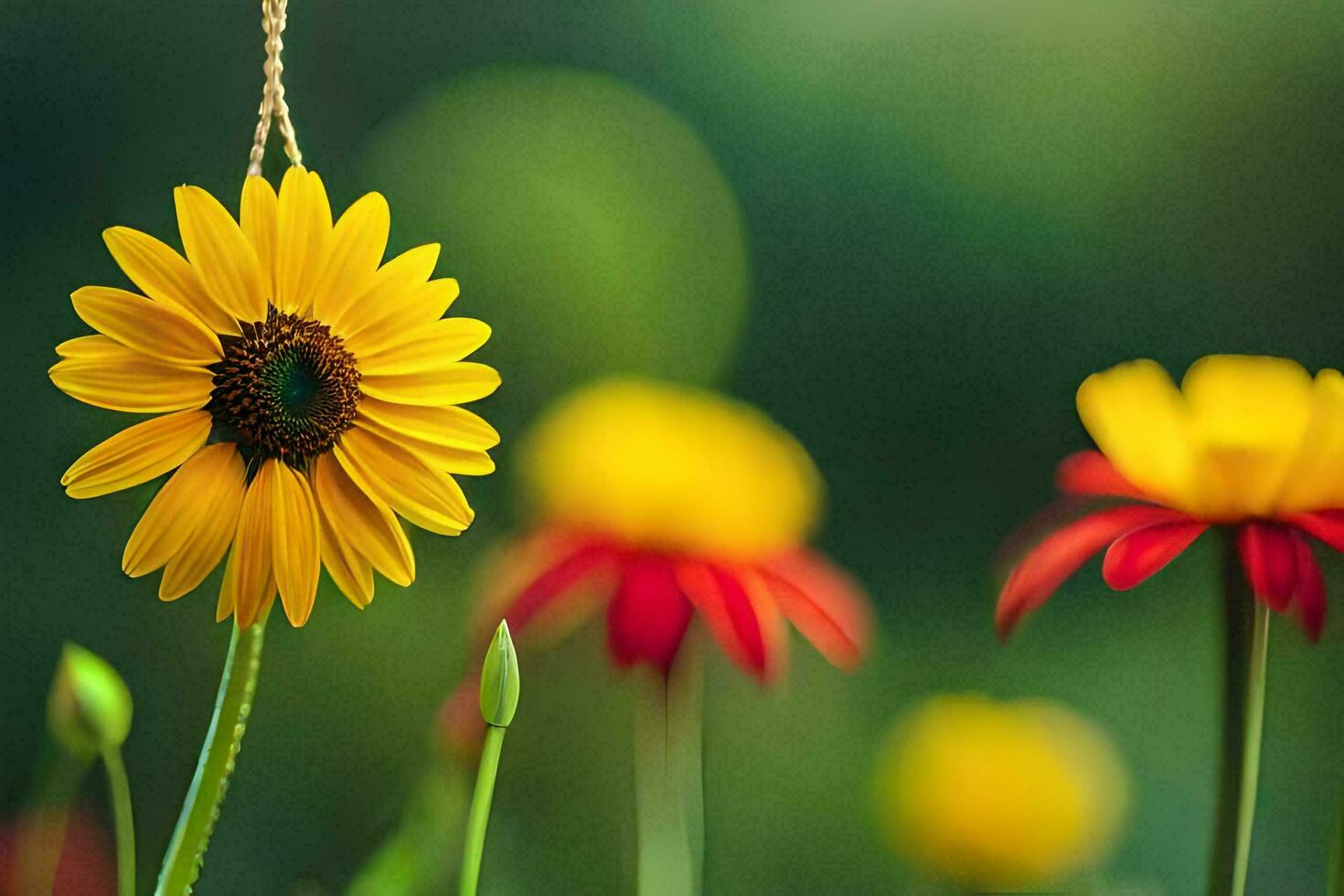 yellow sunflower hanging from a string in the grass. AI-Generated photo