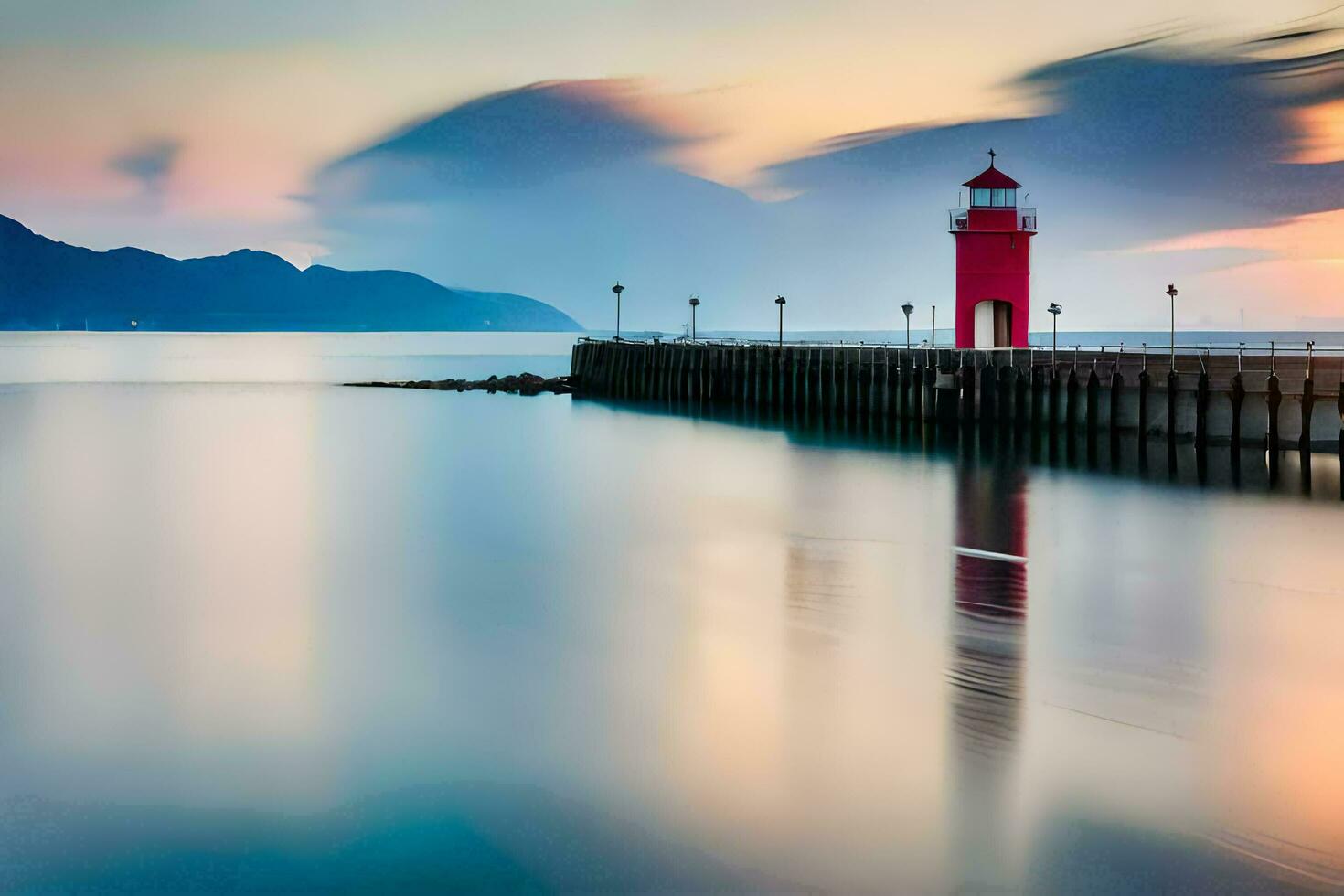 a red lighthouse stands on the water at sunset. AI-Generated photo