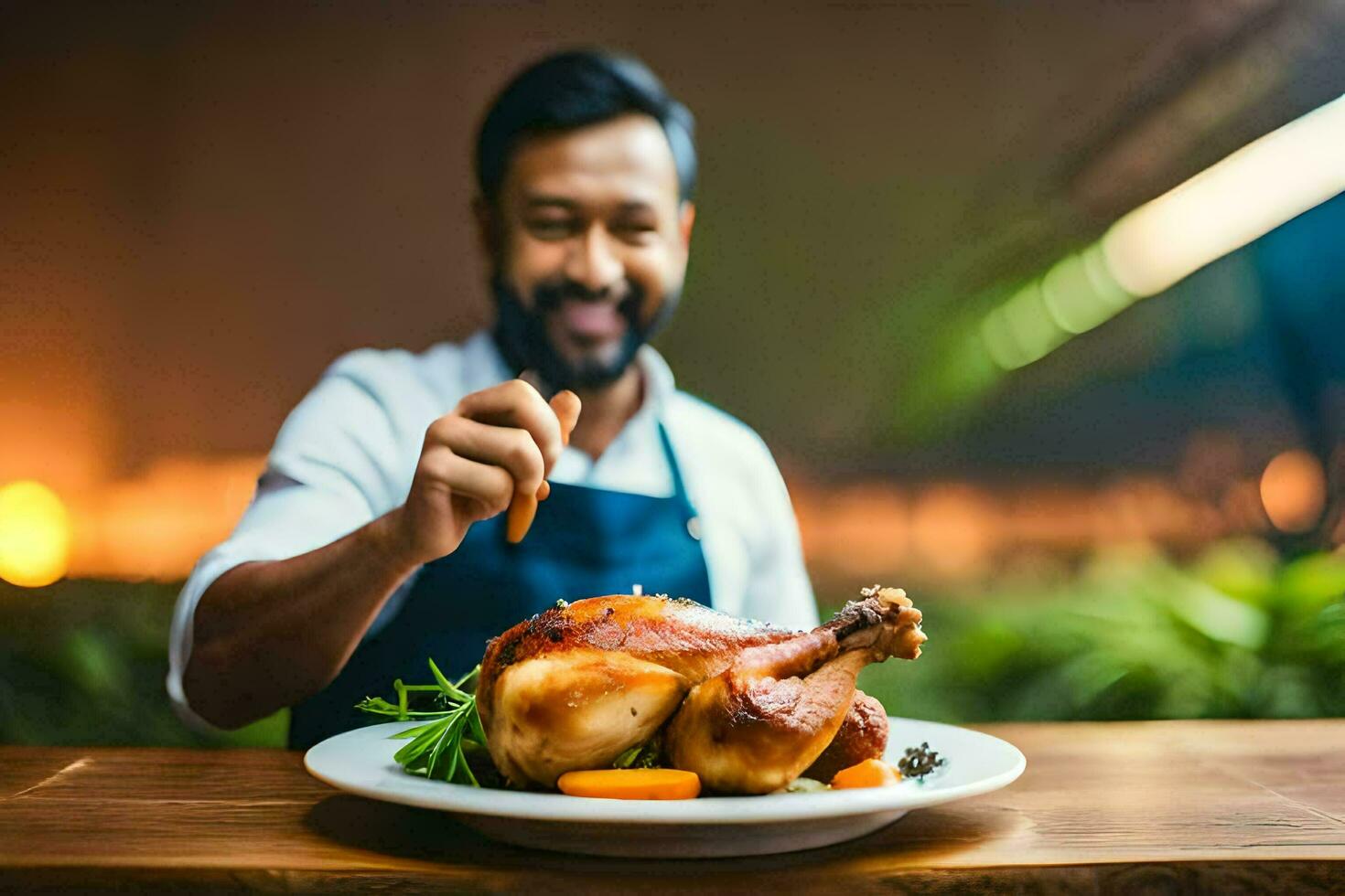 a man in an apron is holding a turkey on a plate. AI-Generated photo