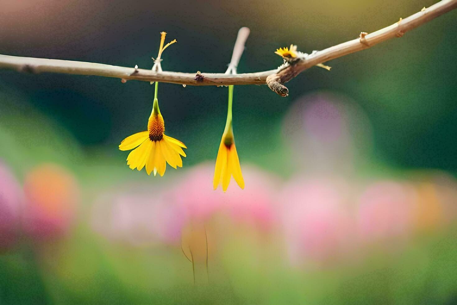 two yellow flowers hanging from a branch. AI-Generated photo