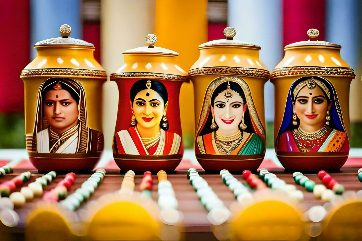 three colorful jars with indian women painted on them. AI-Generated photo