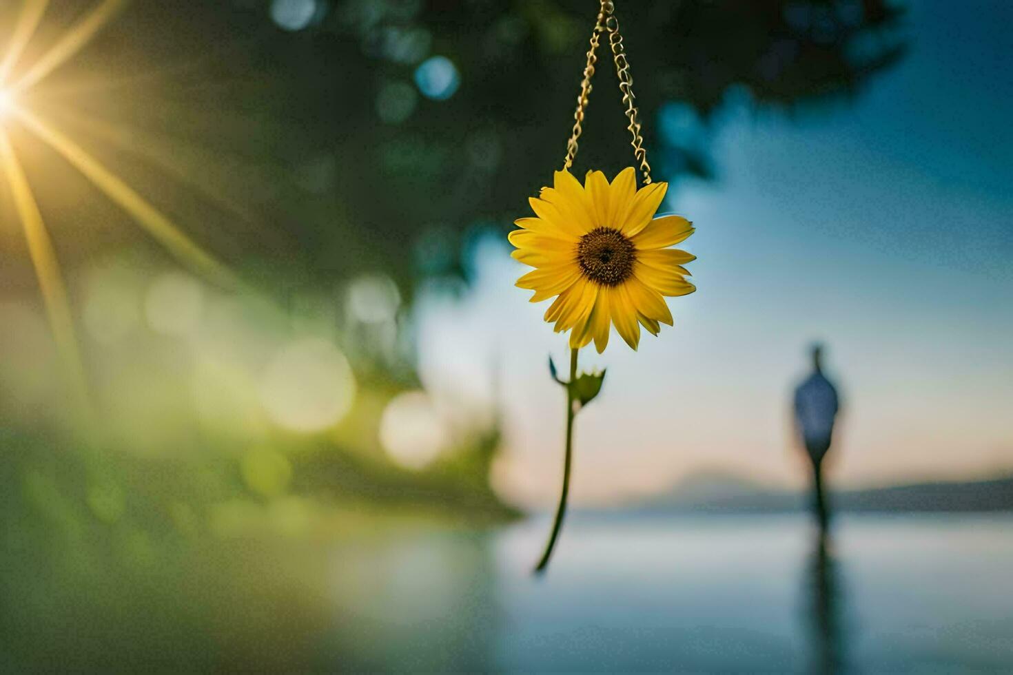 a sunflower hanging from a chain by the water. AI-Generated photo