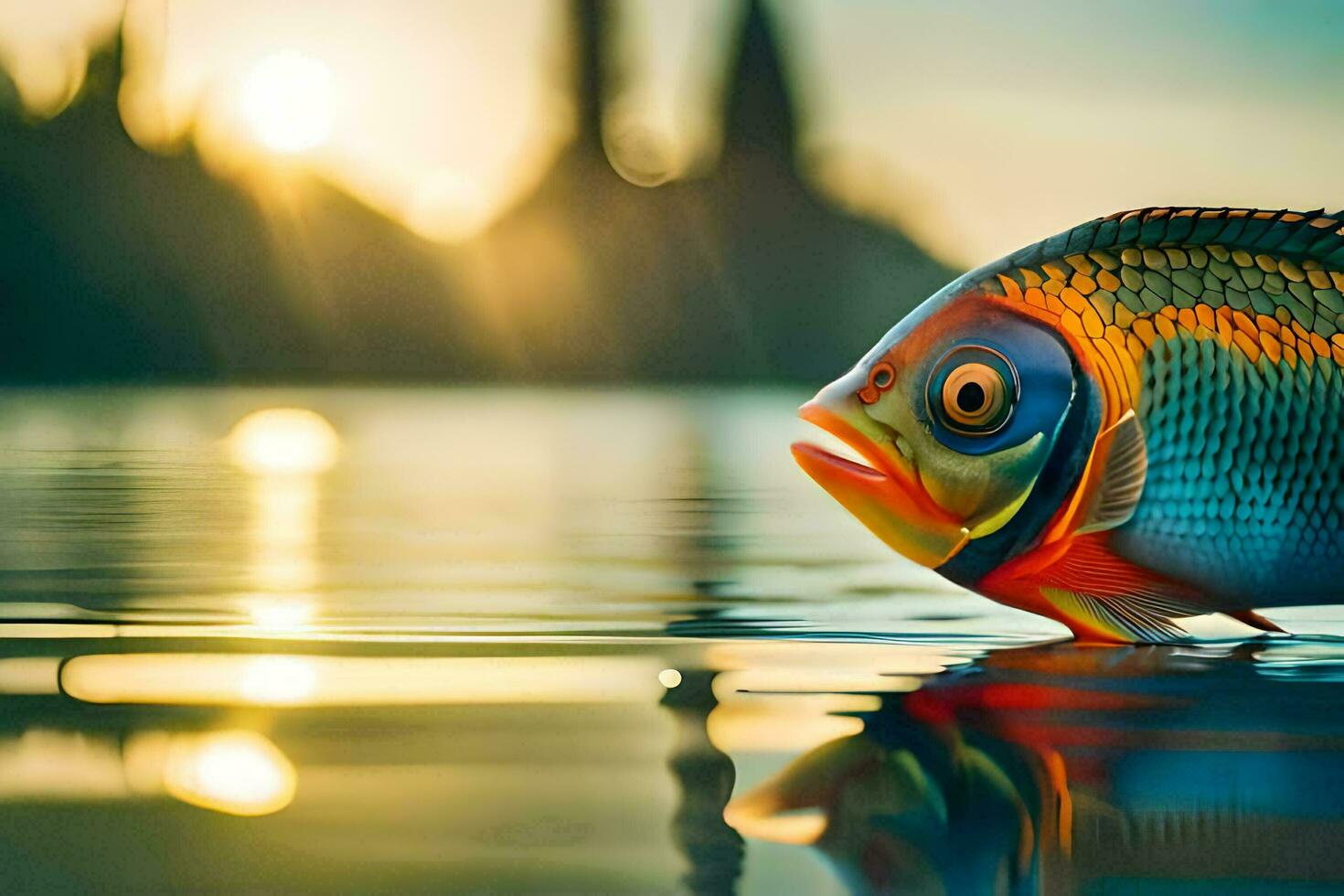 un pescado es flotante en el agua a puesta de sol. generado por ai foto