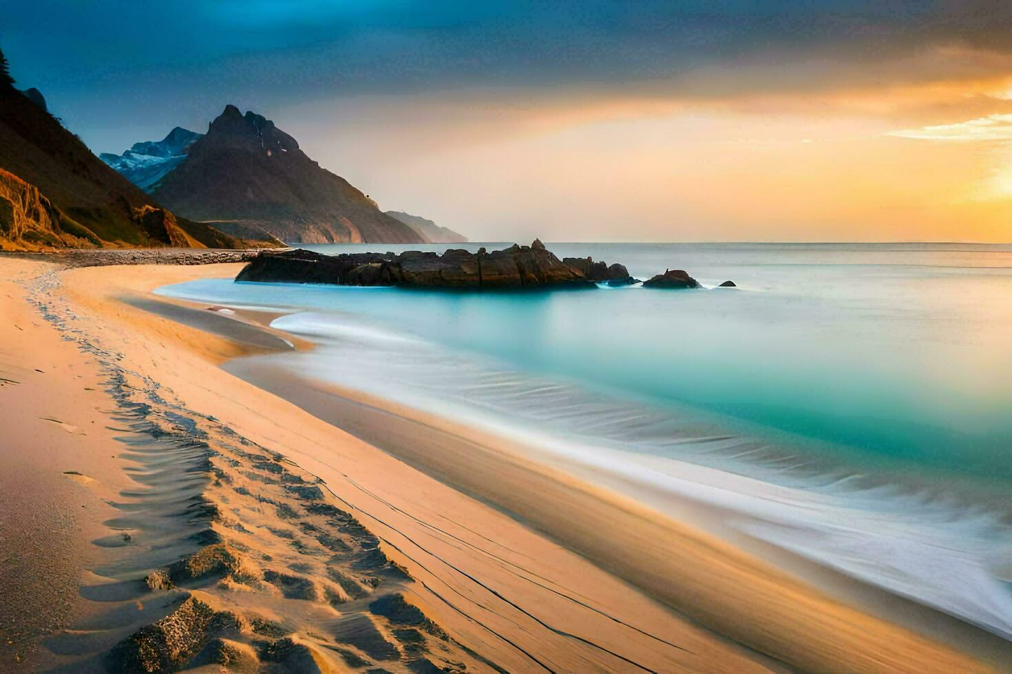 the beach and the mountains in the background. AI-Generated photo